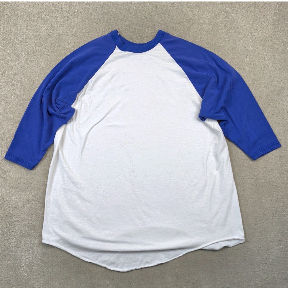 Russell Athletic Baseball Shirt Mens XL White Blue Raglan 3/4 Sleeve Vintage Tee